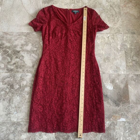 Ralph Lauren Panel Lace Gordy Short Sleeve Day Dress Vibrant Garnet Sz 4 Classic - Picture 2 of 8